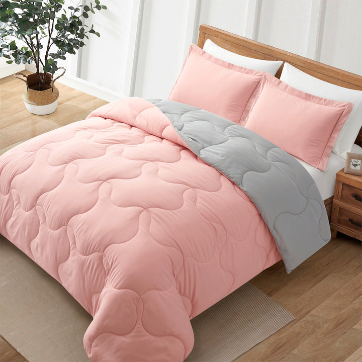 Elegant Comfort Reversible Down Alternative Comforter Set Pink Light Gray Full Queen Image 1