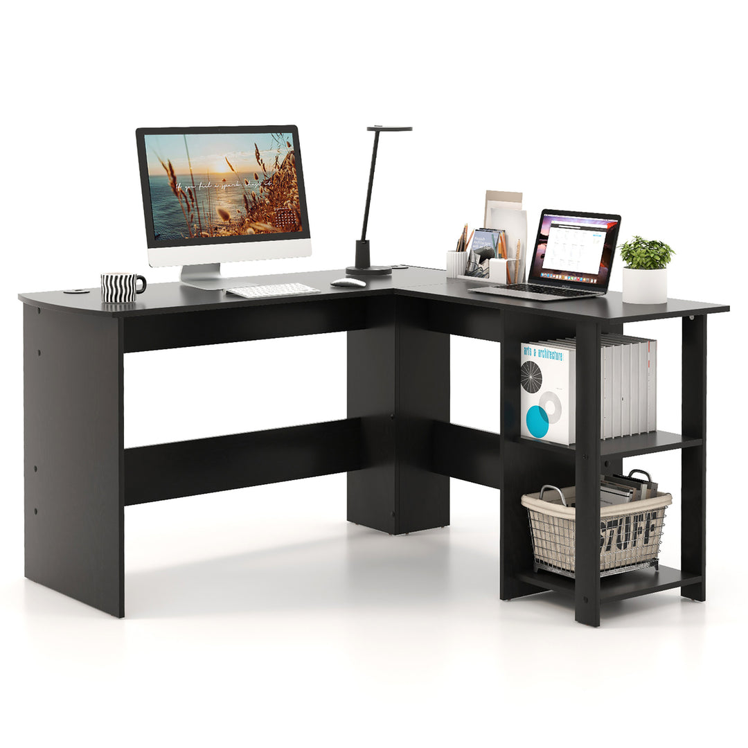 L-Shaped Computer Desk for Small Space Corner Home Office Desk w/ Shelves Black Image 1