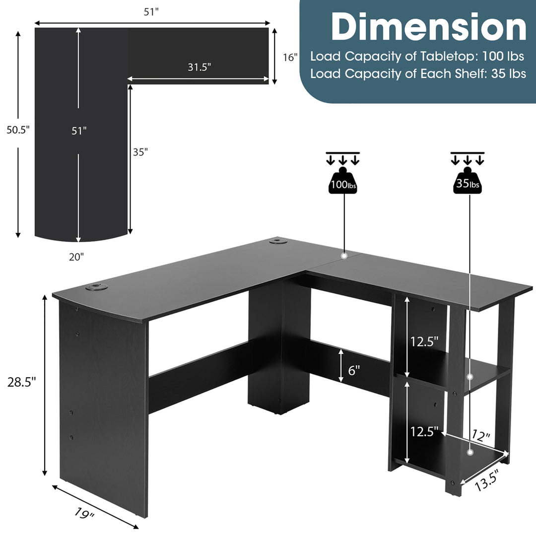 L-Shaped Computer Desk for Small Space Corner Home Office Desk w/ Shelves Black Image 3