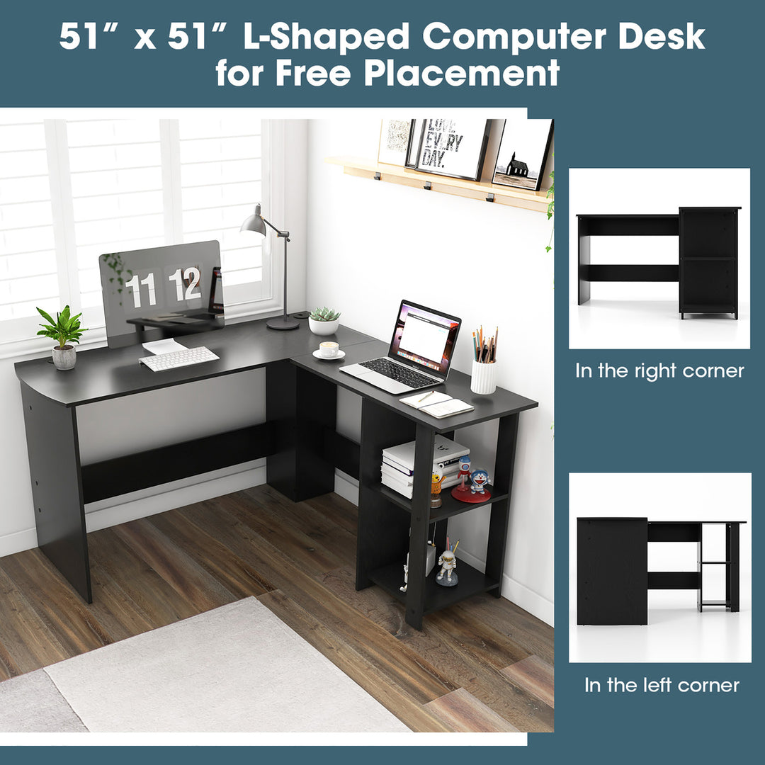 L-Shaped Computer Desk for Small Space Corner Home Office Desk w/ Shelves Black Image 4