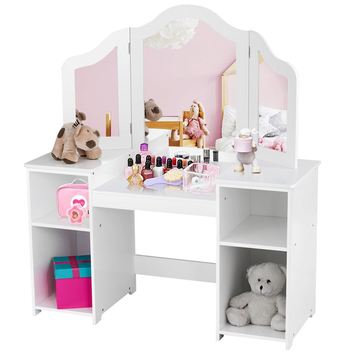 Costway Vanity Table Set Makeup Dressing Kids Girls Study Table Tri Folding Mirror WhitePink Image 1