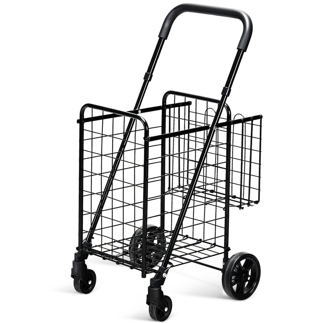 Folding Shopping Cart Jumbo Basket Rolling Utility Trolley Adjustable Handle Image 1