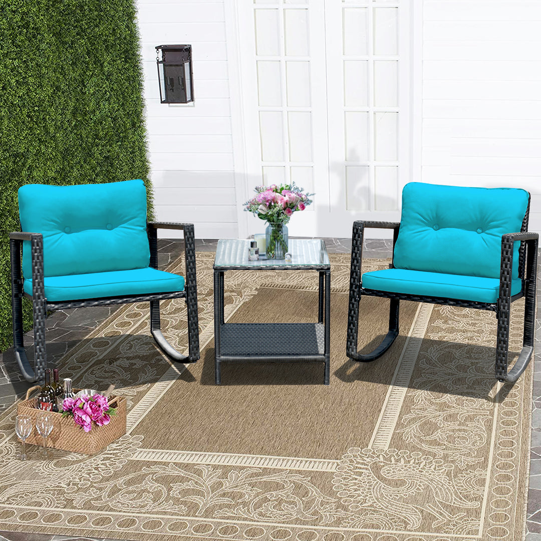 3PCS Patio Rattan Furniture Set Rocking Chairs Cushioned Sofa Image 5