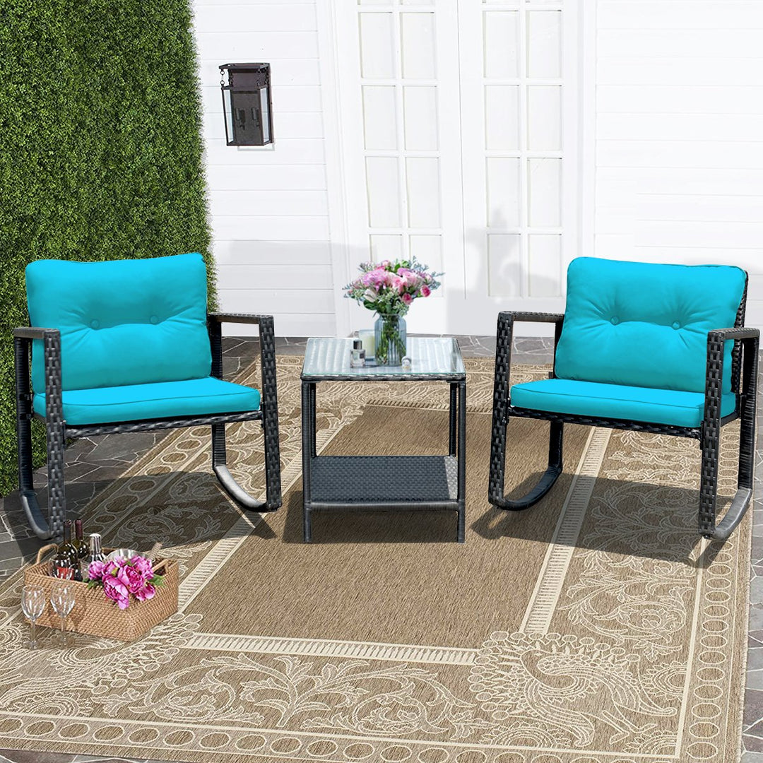 3PCS Patio Rattan Furniture Set Rocking Chairs Cushioned Sofa Image 1