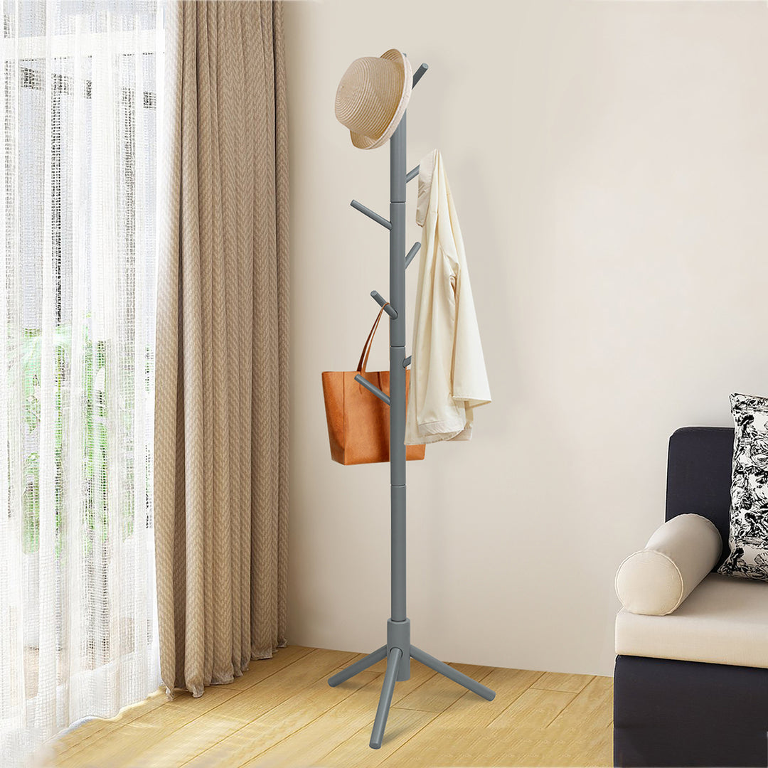 Costway Wooden Coat Rack Stand Hall Tree Entryway Organizer 2 Heights w/ 8 Hooks Grey\Walnut Image 2