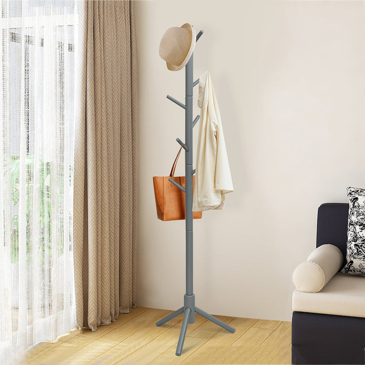 Costway Wooden Coat Rack Stand Hall Tree Entryway Organizer 2 Heights w/ 8 Hooks Grey\Walnut Image 2