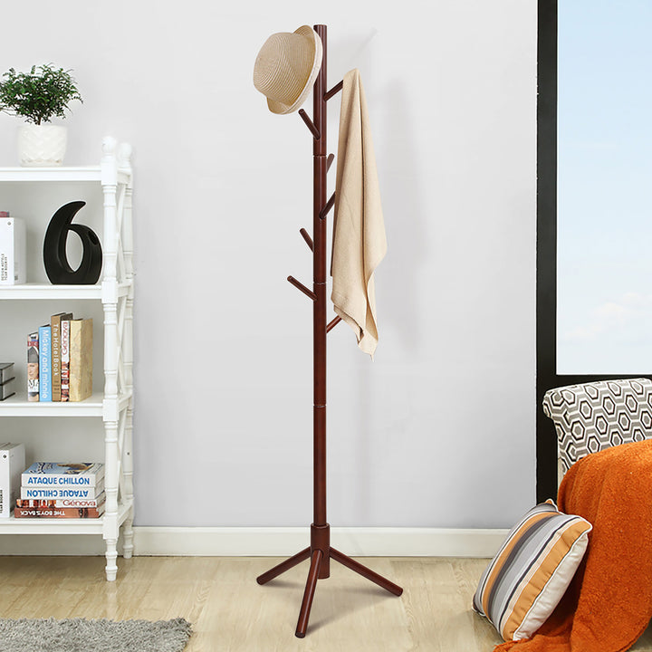 Costway Wooden Coat Rack Stand Hall Tree Entryway Organizer 2 Heights w/ 8 Hooks Grey\Walnut Image 3