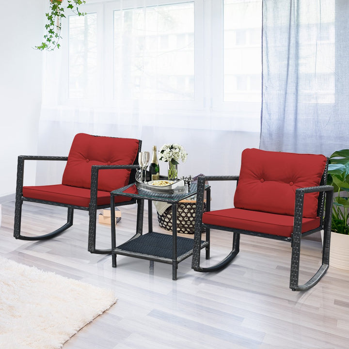 3PCS Patio Rattan Furniture Set Rocking Chairs Cushioned Sofa Image 1