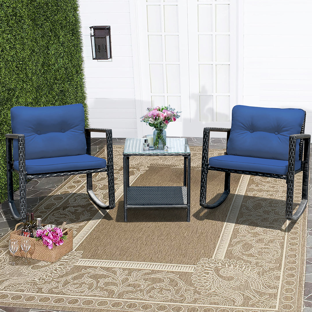 3PCS Patio Rattan Furniture Set Rocking Chairs Cushioned Sofa Image 7