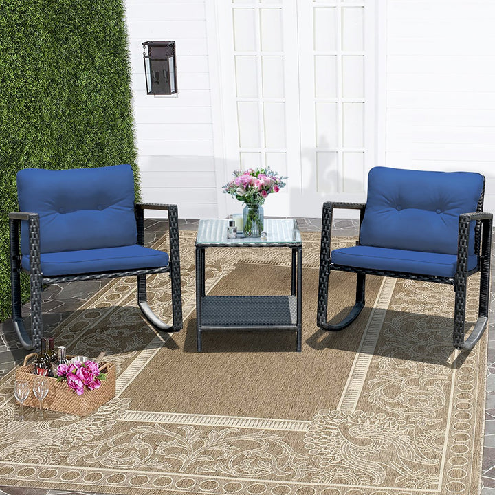 3PCS Patio Rattan Furniture Set Rocking Chairs Cushioned Sofa Image 1