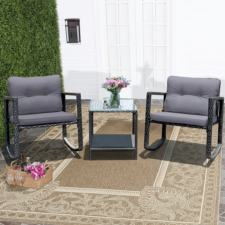 3PCS Patio Rattan Furniture Set Rocking Chairs Cushioned Sofa Image 8