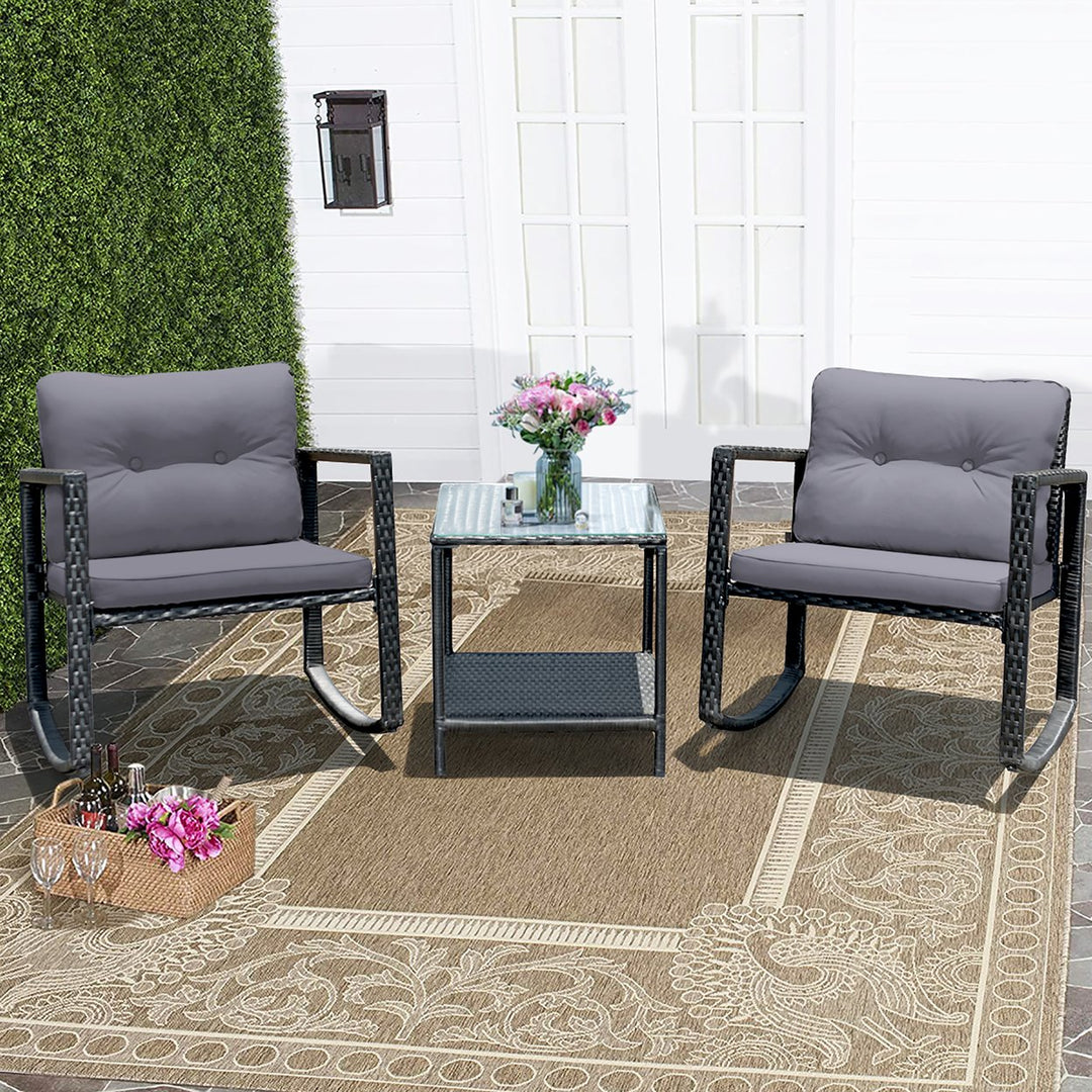 3PCS Patio Rattan Furniture Set Rocking Chairs Cushioned Sofa Image 1