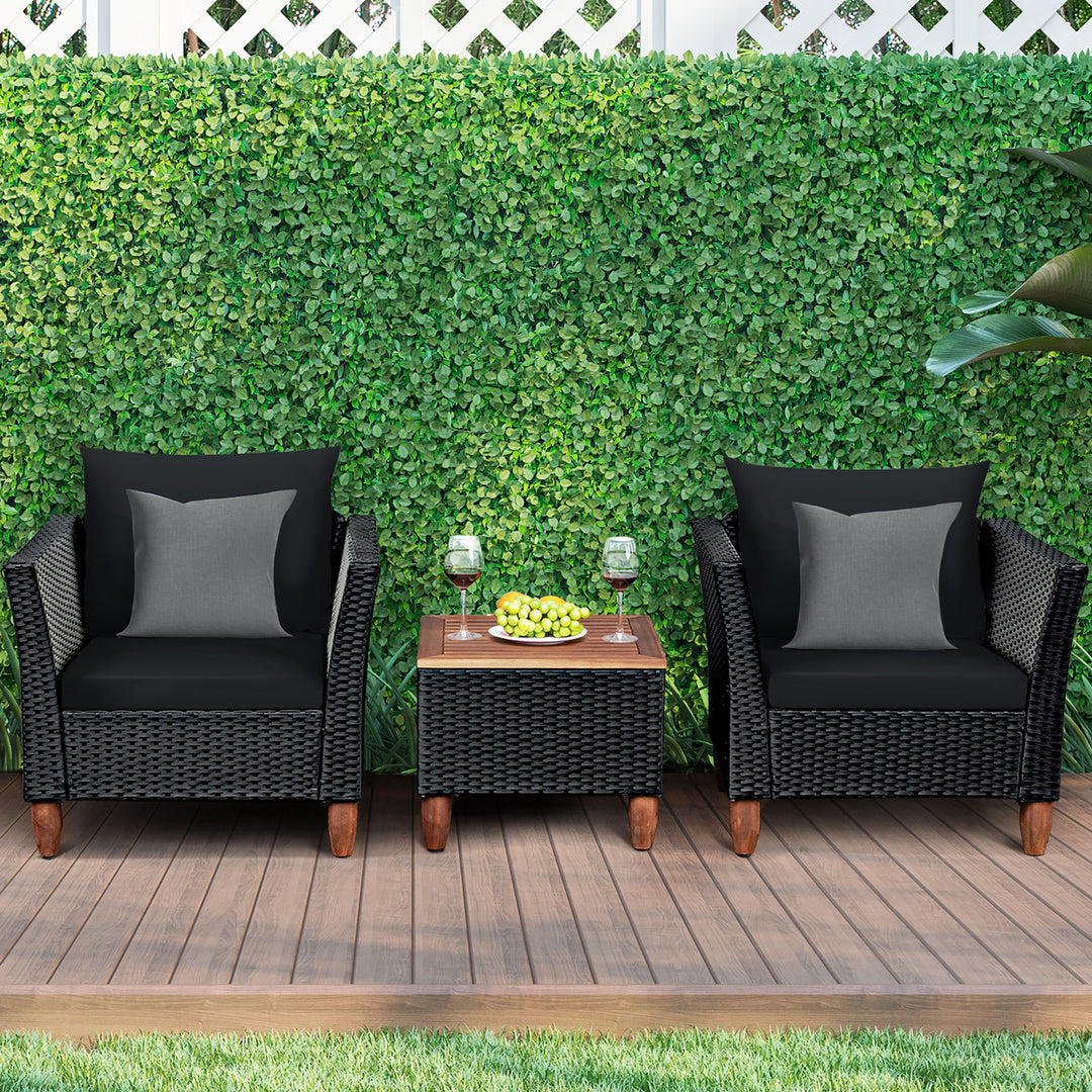 Costway 3 PCS Outdoor Patio Rattan Bistro Furniture Set Wooden Table Top Cushioned Sofa Black Brown Image 2