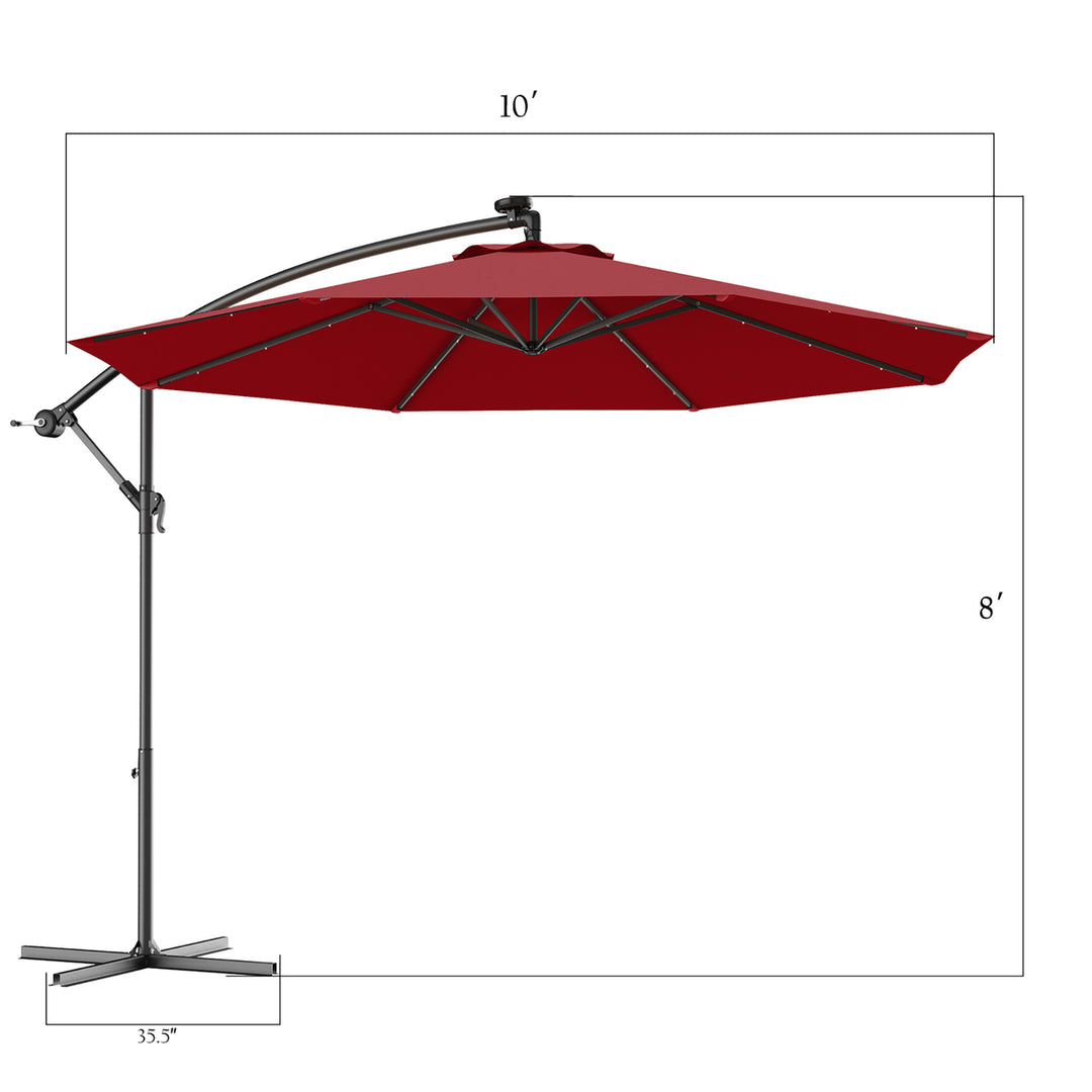 10 Hanging Solar LED Umbrella Patio Sun Shade Offset Market W/Base Burgundy Image 3