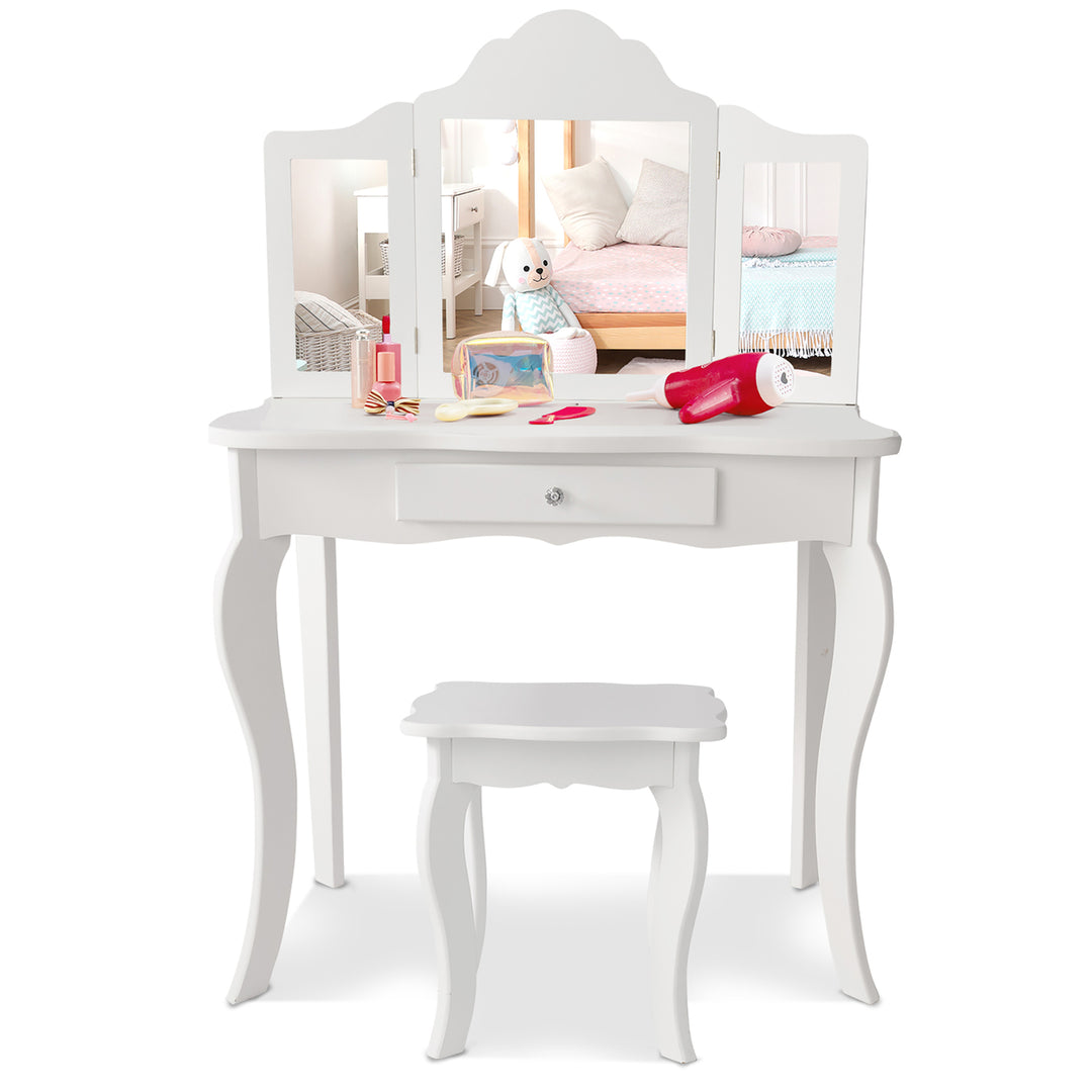 Vanity Table Set Makeup Dressing Table Kids Stool Mirror Image 2