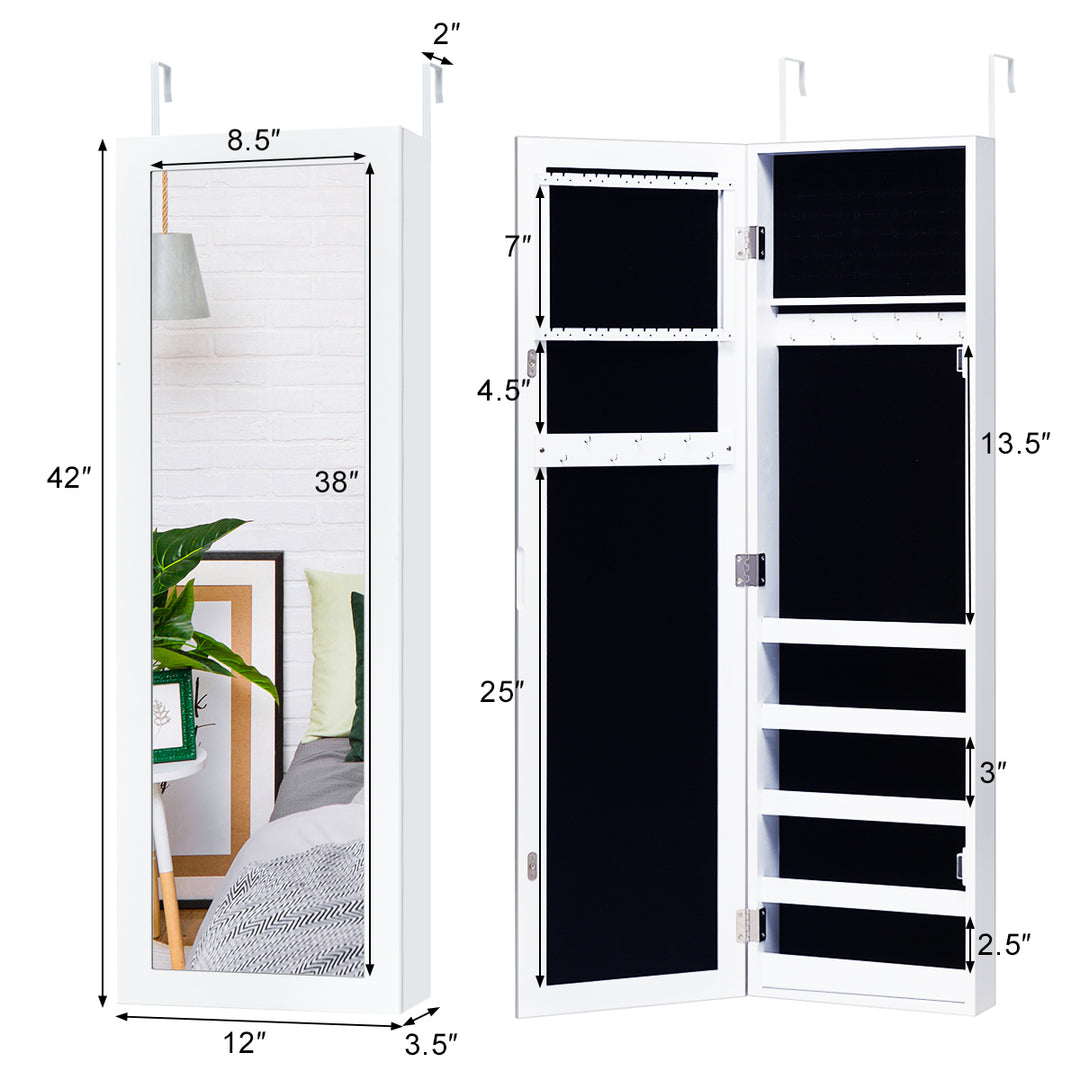 Door Mounted Mirrored Jewelry Cabinet Storage Organizer White Image 2