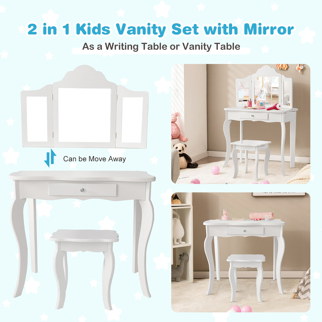 Vanity Table Set Makeup Dressing Table Kids Stool Mirror Image 4