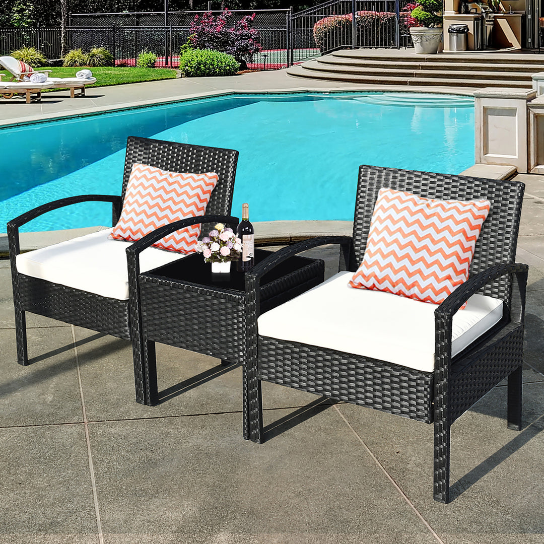 3PCS Patio Rattan Furniture Set Table and Chairs Set with Cushions Outdoor Image 2