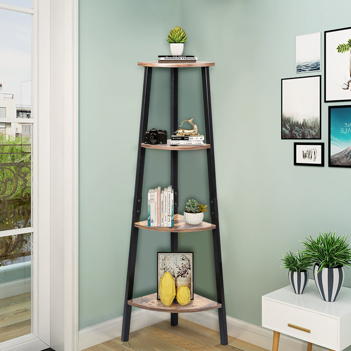 4-Tier Corner Shelf Metal Storage Rack Bookcase Plant Display Stand Natural Image 2