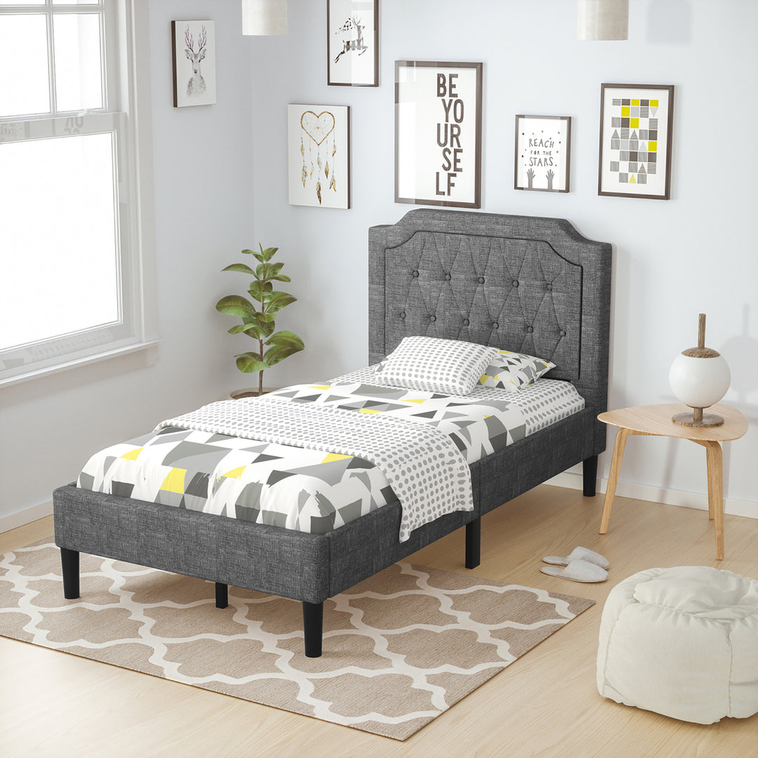 Twin Upholstered Platform Bed Frame Linen Headboard Mattress Foundation, Grey Image 2