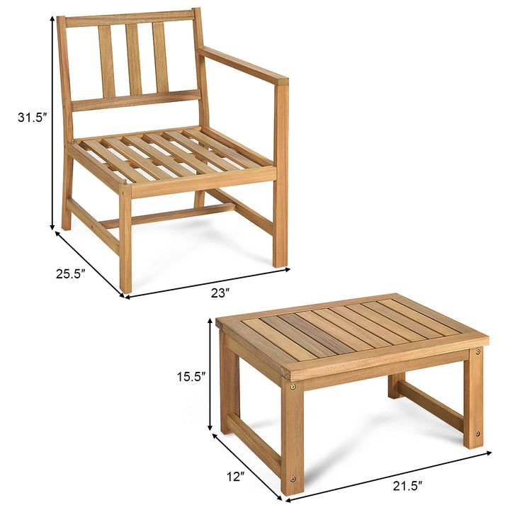 3 in 1 Patio Table Chairs Set Solid Wood Garden Furniture Image 3