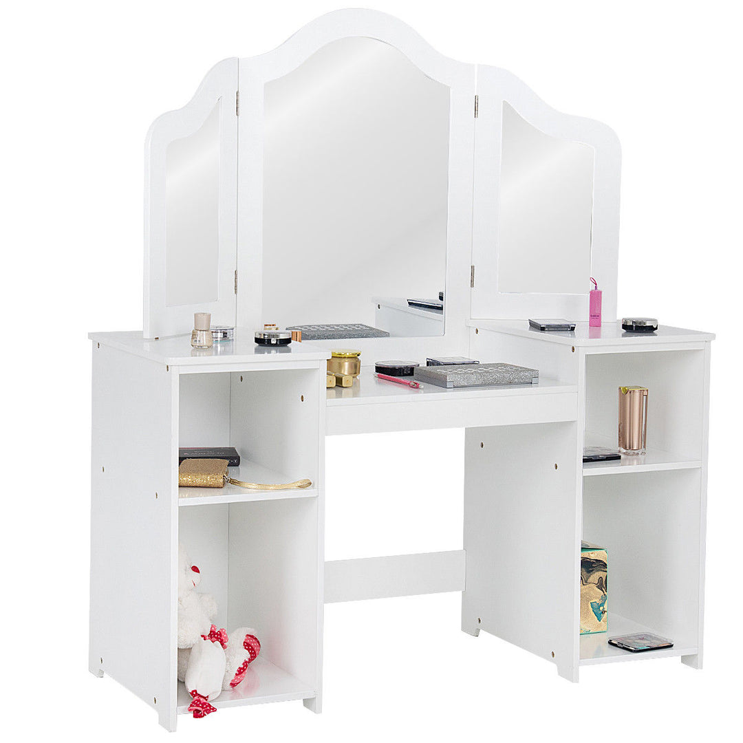 Vanity Table Set Makeup Dressing Kids Girls Study Table Tri Folding Mirror Image 3