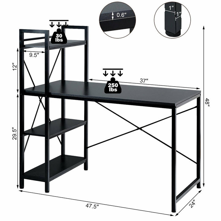 47.5" Computer Desk Writing Desk Study Table Workstation With 4-Tier Shelves Black Image 3