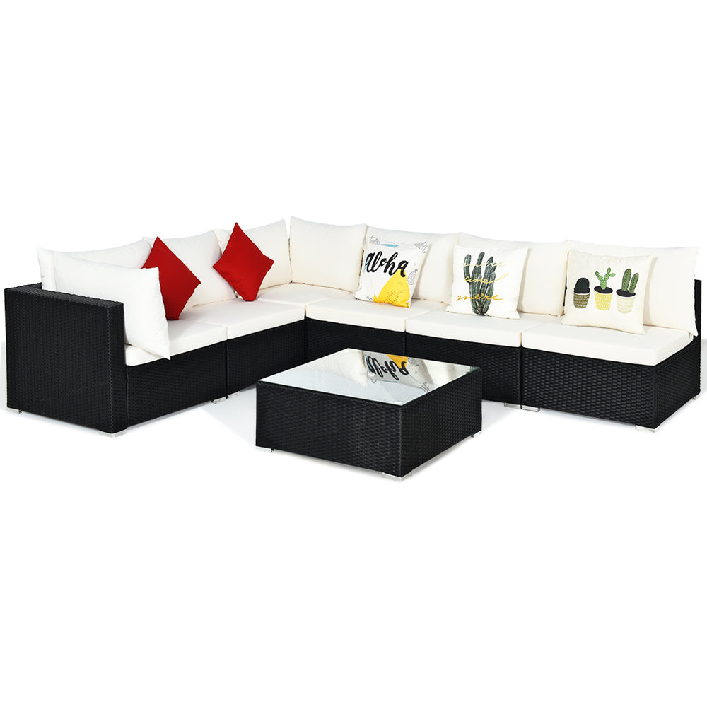 7PCS Patio Rattan Furniture Set Sectional Sofa Cushioned Glass Table Steel Frame Image 2