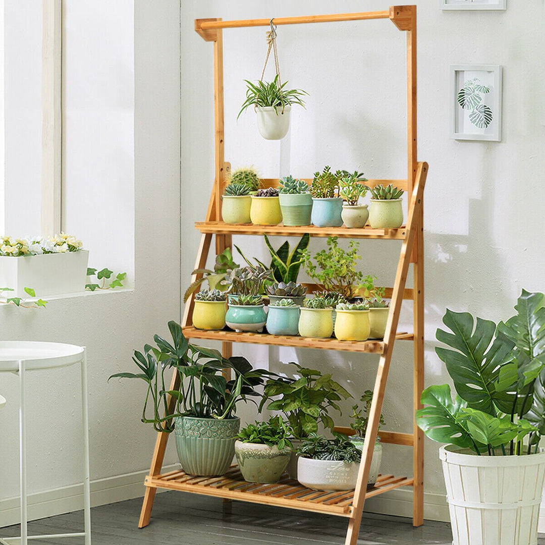 3 Tier Bamboo Hanging Folding Plant Shelf Stand Flower Pot Display Rack Bookcase Image 2