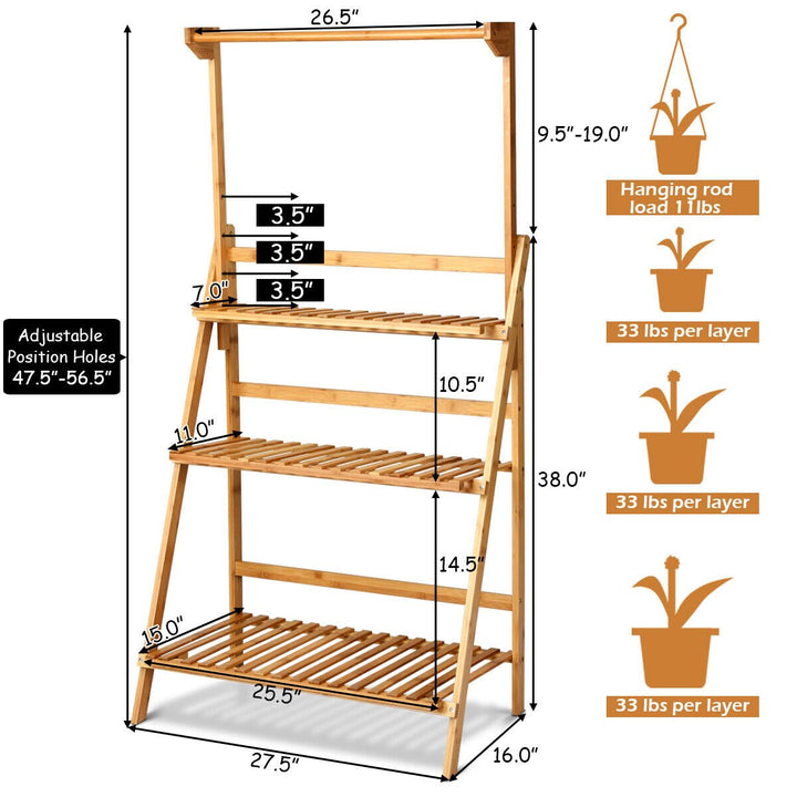 3 Tier Bamboo Hanging Folding Plant Shelf Stand Flower Pot Display Rack Bookcase Image 3