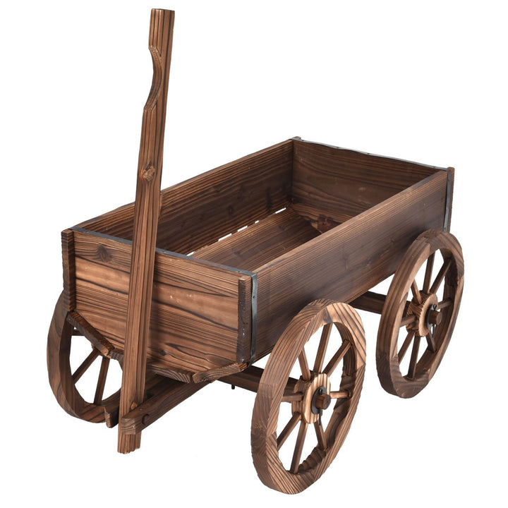 Wood Wagon Flower Planter Pot Stand W/Wheels Home Garden Outdoor Decor Image 2