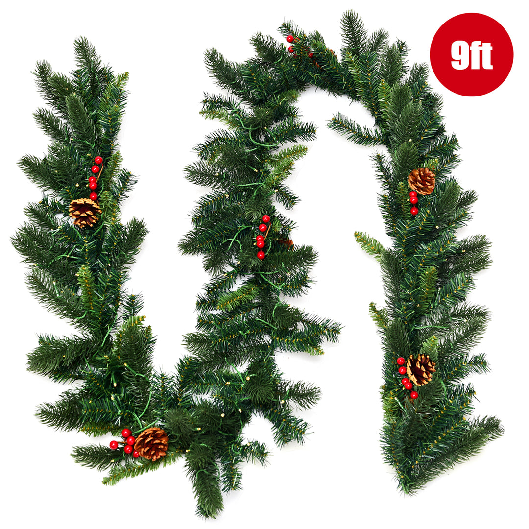 9Ft Pre-lit Artificial Christmas Garland Red Berries w/ 100 LED Lights and Timer Image 2