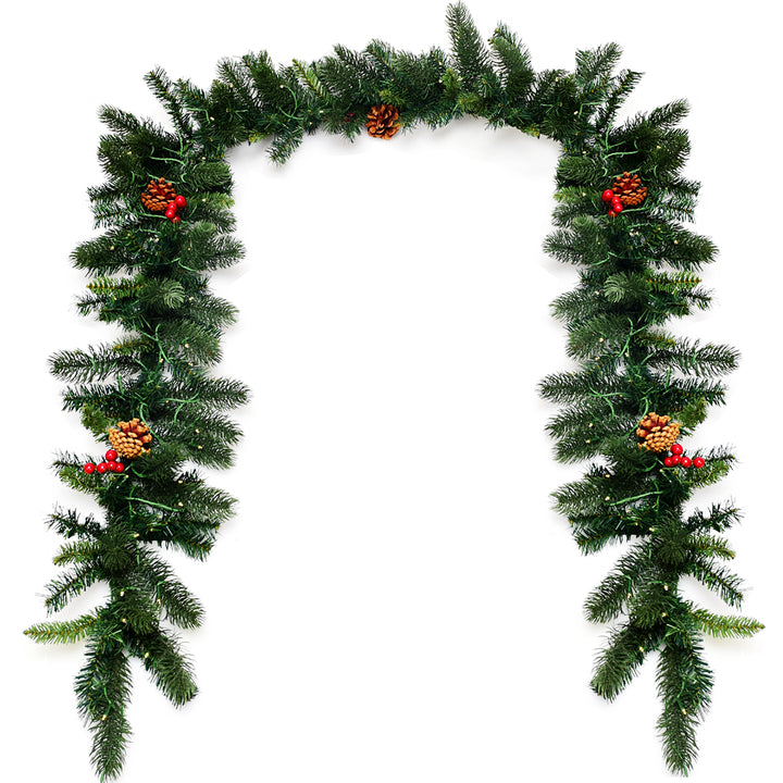 9Ft Pre-lit Artificial Christmas Garland Red Berries w/ 100 LED Lights and Timer Image 3