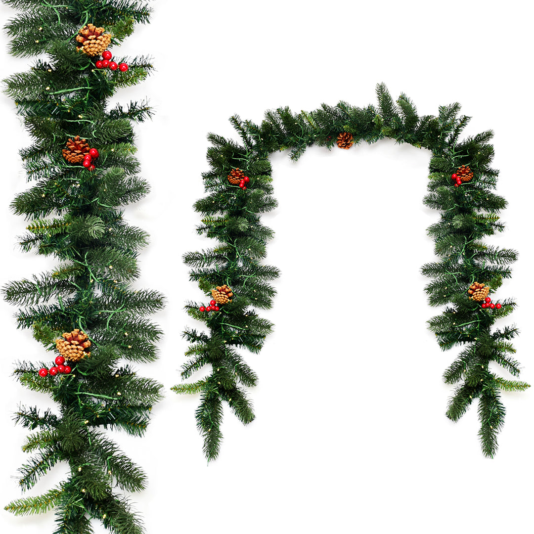 9Ft Pre-lit Artificial Christmas Garland Red Berries w/ 100 LED Lights and Timer Image 4