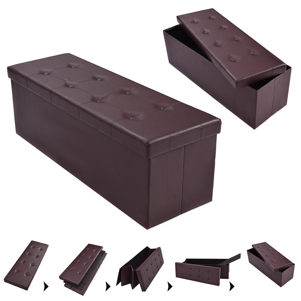 45x15x15 Large Folding Storage Faux Leather Ottoman Pouffe Box Stool Brown Image 2