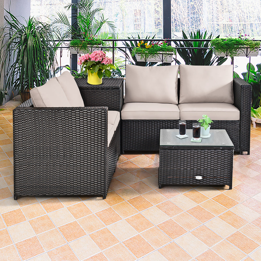 4PCS Outdoor Patio Rattan Furniture Set Cushioned Loveseat Storage Table Image 2