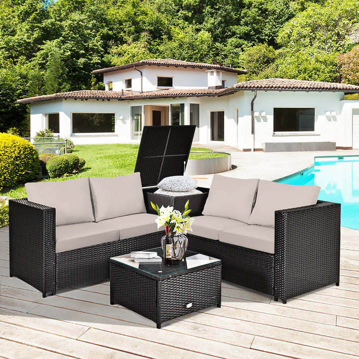 4PCS Outdoor Patio Rattan Furniture Set Cushioned Loveseat Storage Table Image 3