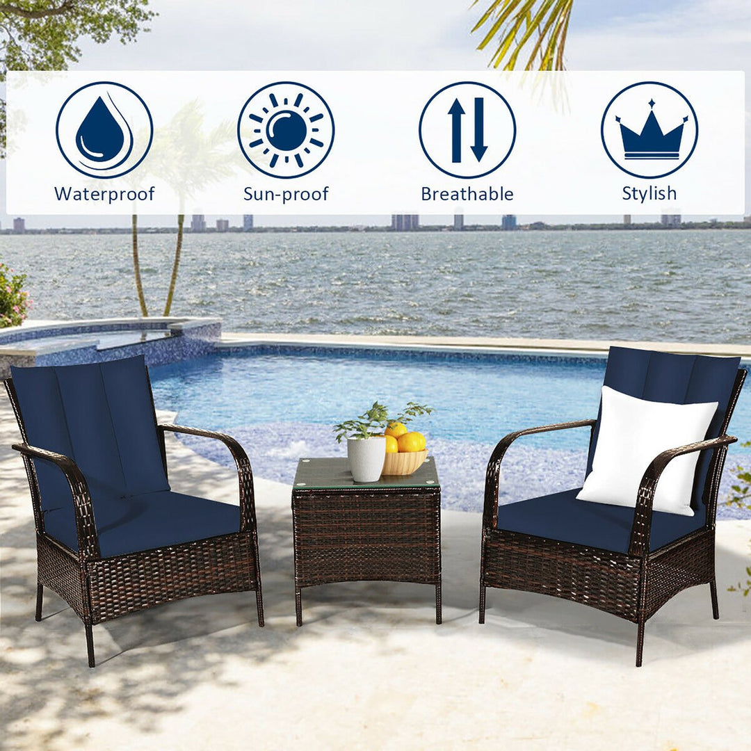 3 PCS Patio Wicker Rattan Furniture Set Coffee Table and 2 Rattan Chair W/Cushions Image 2