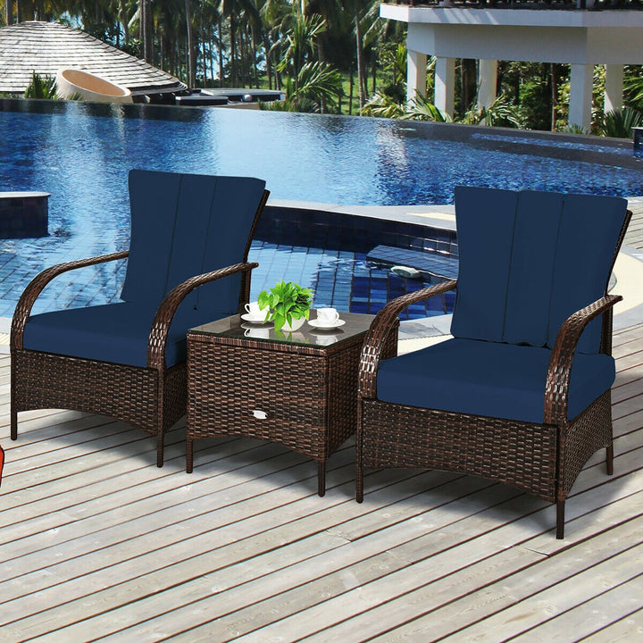 3 PCS Patio Wicker Rattan Furniture Set Coffee Table and 2 Rattan Chair W/Cushions Image 3