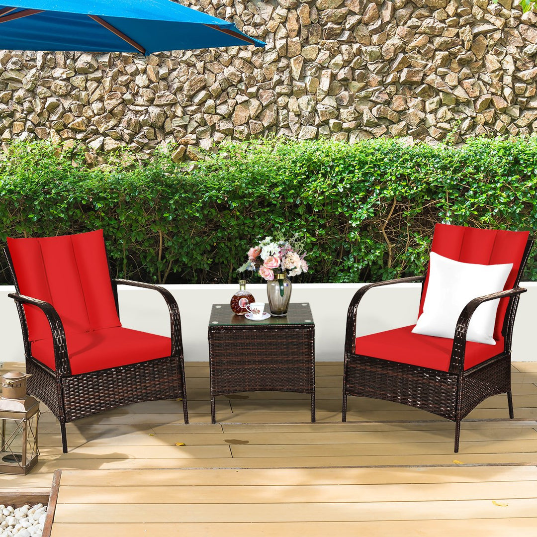 3 PCS Patio Wicker Rattan Furniture Set Coffee Table and 2 Rattan Chair W/Cushions Image 5