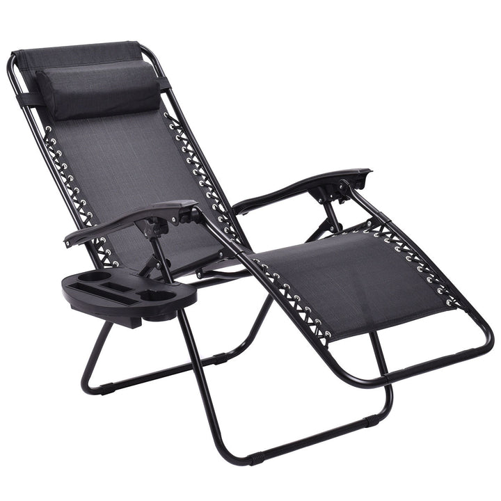 2PCS Zero Gravity Chairs Lounge Patio Folding Recliner Outdoor Black W/Cup Holder Image 2