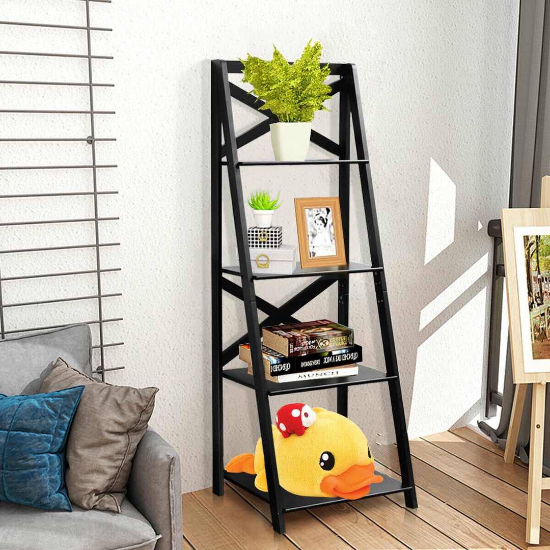 4-Tier Ladder Shelf Bookshelf Bookcase Storage Display Leaning Home Image 4