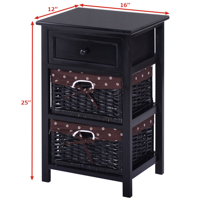 Black Night Stand 3 Tiers 1 Drawer Bedside End Table Organizer Wood W/2 Baskets Image 2