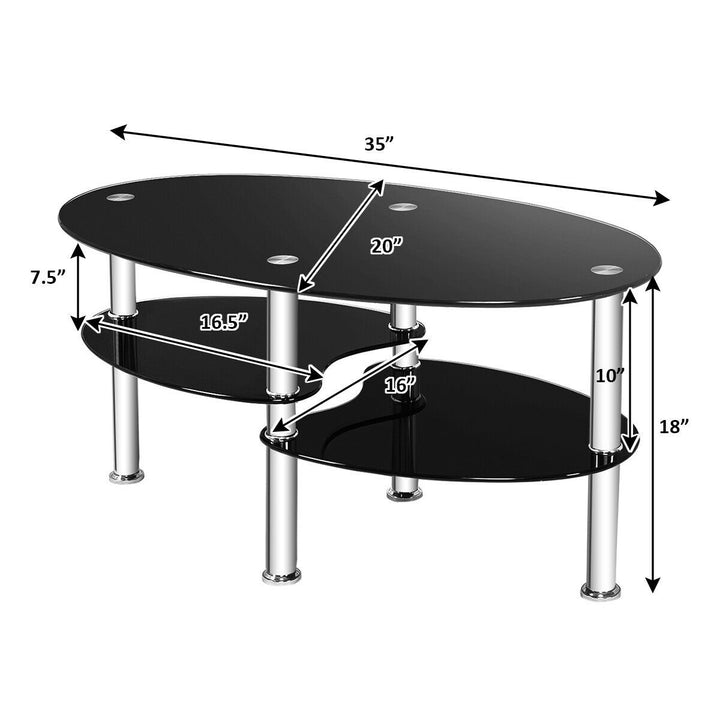 Tempered Glass Oval Side Coffee Table Shelf Chrome Base Living Room Black Image 2