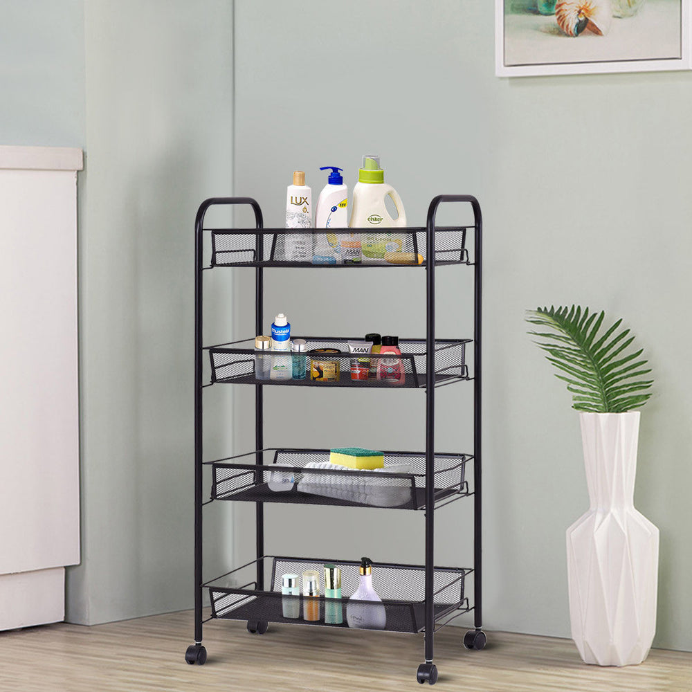 4 Tier Storage Rack Trolley Cart Home Kitchen Organizer Utility Baskets Black Image 2