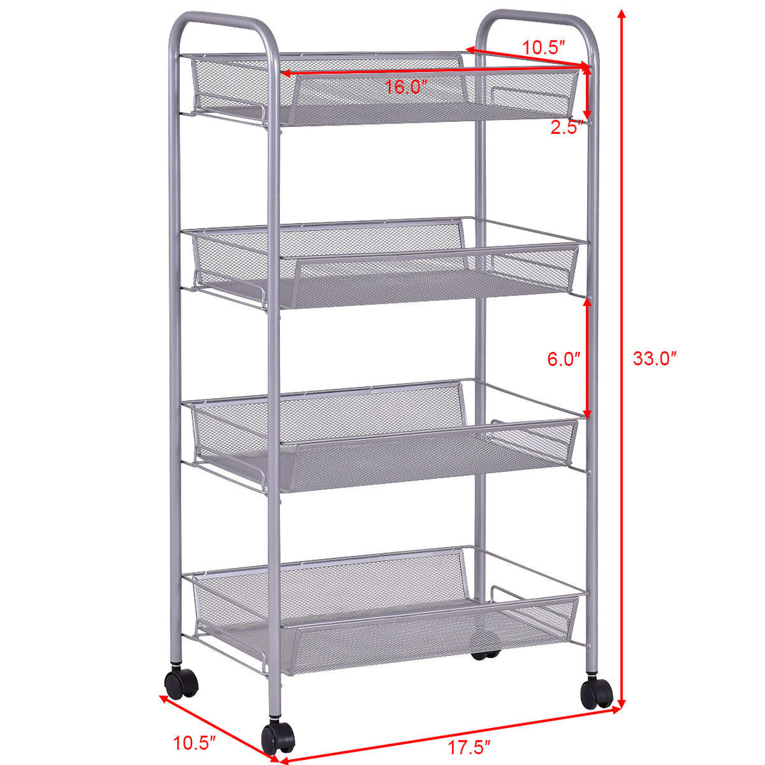 4 Tier Storage Rack Trolley Cart Home Kitchen Organizer Utility Baskets Silver Image 2