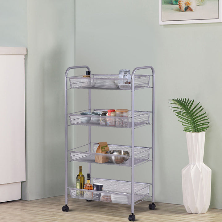 4 Tier Storage Rack Trolley Cart Home Kitchen Organizer Utility Baskets Silver Image 3