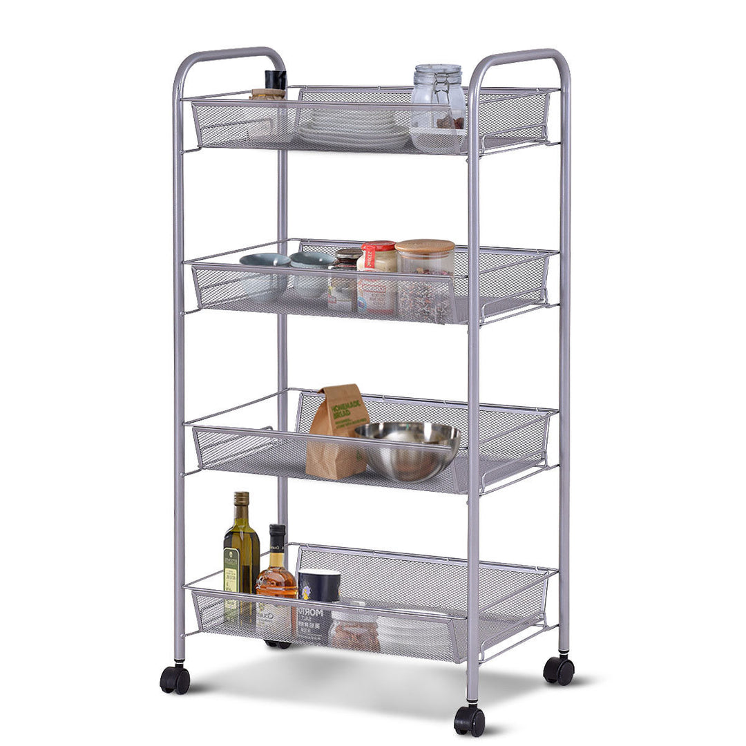 4 Tier Storage Rack Trolley Cart Home Kitchen Organizer Utility Baskets Silver Image 4