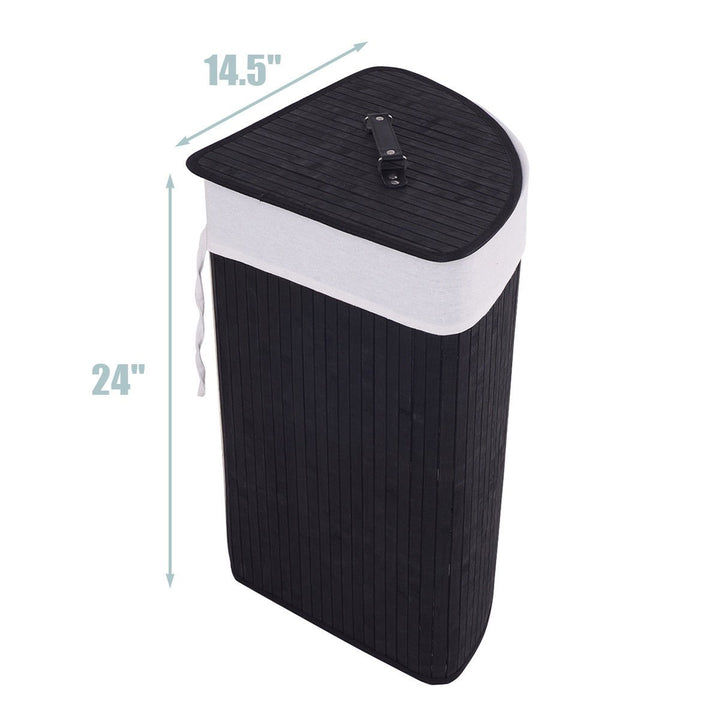 Corner Bamboo Hamper Laundry Basket Washing Cloth Bin Storage Bag Lid Black Image 3