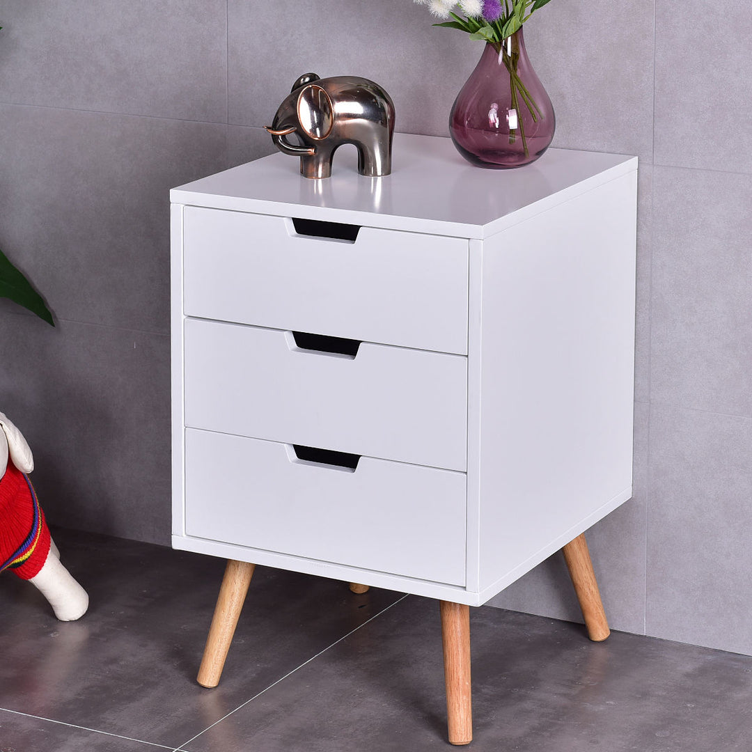 White Side End Table Nightstand w/ 3 Drawers Mid-Century Accent Wood Furniture Image 2